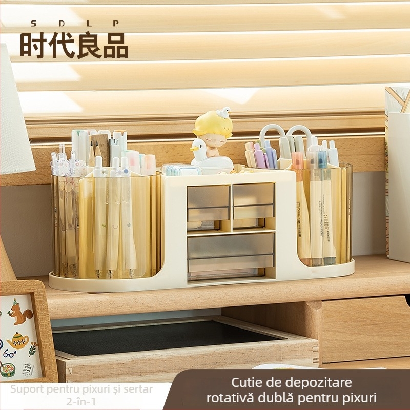 Suport pentru pixuri cu capacitate mare, sertar, spațiu dublu rotativ, organizator circular pentru birou în design lux discret