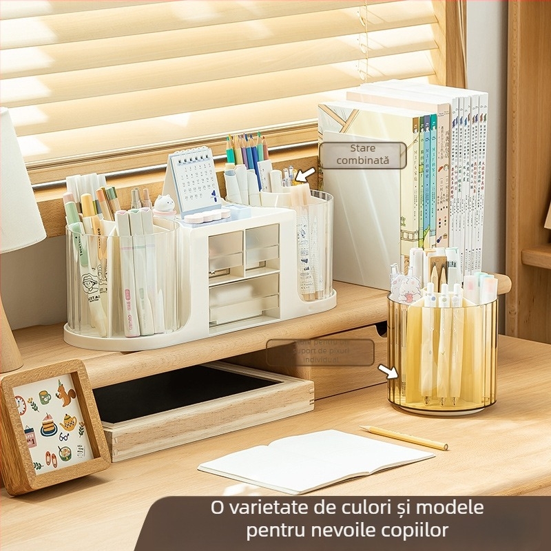 Suport pentru pixuri cu capacitate mare, sertar, spațiu dublu rotativ, organizator circular pentru birou în design lux discret