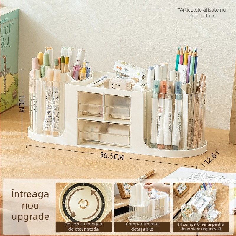 Suport pentru pixuri cu capacitate mare, sertar, spațiu dublu rotativ, organizator circular pentru birou în design lux discret