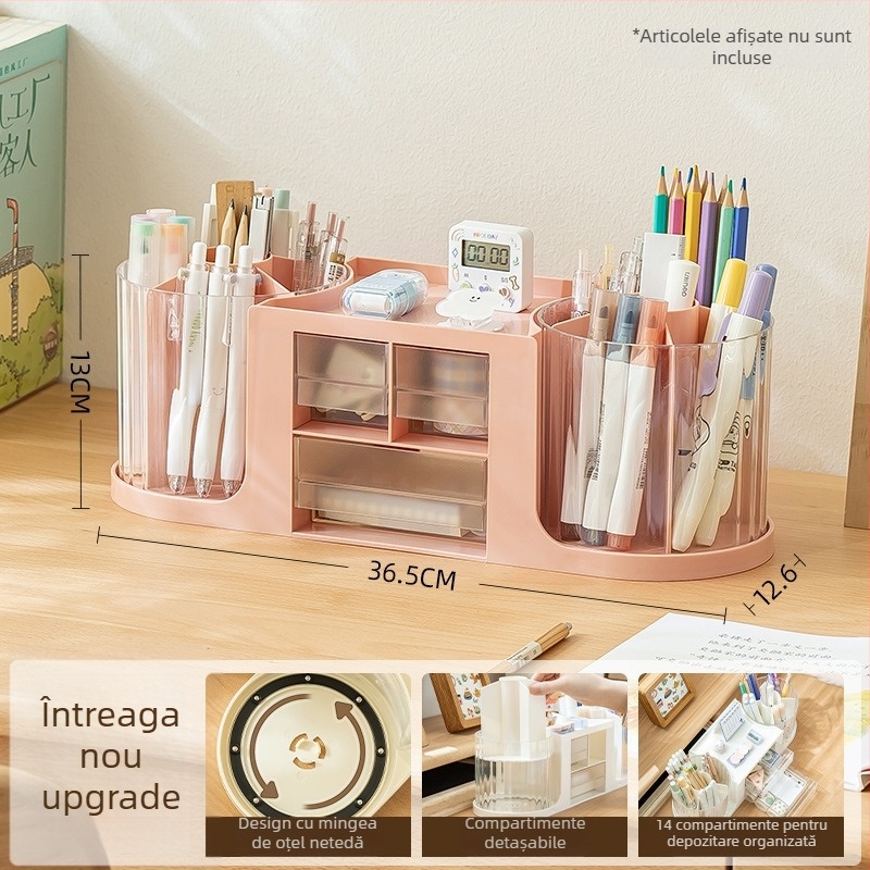 Suport pentru pixuri cu capacitate mare, sertar, spațiu dublu rotativ, organizator circular pentru birou în design lux discret