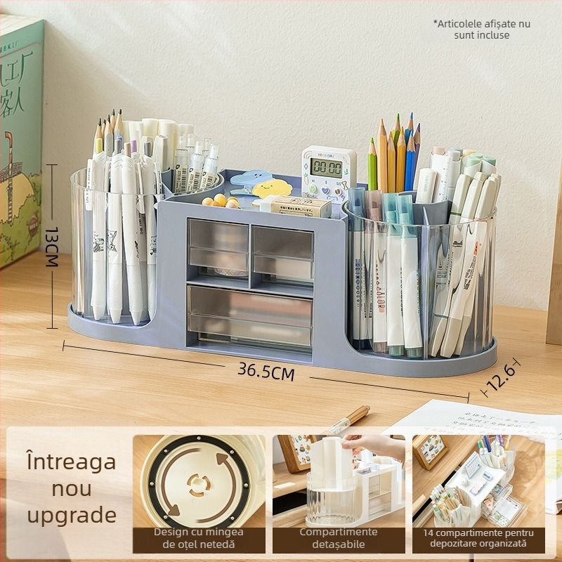 Suport pentru pixuri cu capacitate mare, sertar, spațiu dublu rotativ, organizator circular pentru birou în design lux discret