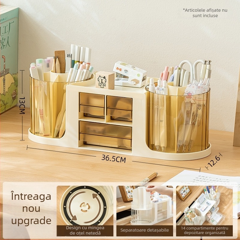 Suport pentru pixuri cu capacitate mare, sertar, spațiu dublu rotativ, organizator circular pentru birou în design lux discret