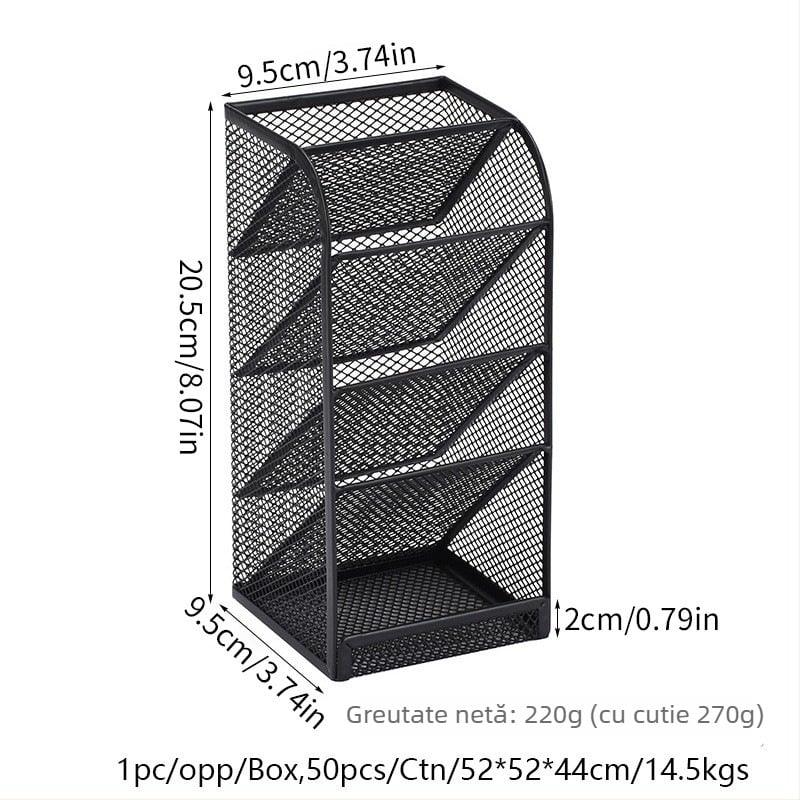 Suport metalic pentru pixuri, organizator de birou și cosmetice, formă pătrată, model 9014, multifuncțional