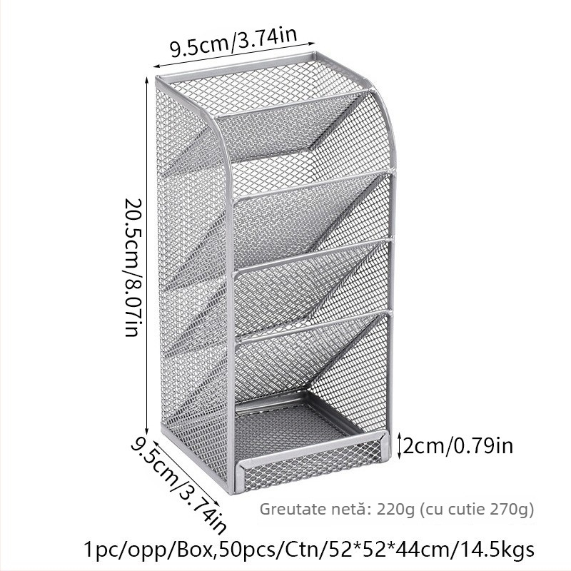 Suport metalic pentru pixuri, organizator de birou și cosmetice, formă pătrată, model 9014, multifuncțional