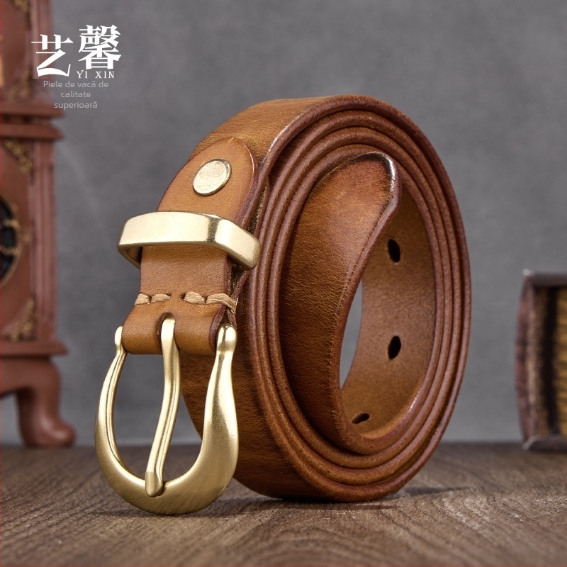 Curea de damă retro din piele naturală cu cataramă din cupru, piele de primul strat, închidere cu cataramă cu pin, lățime 2–4 cm