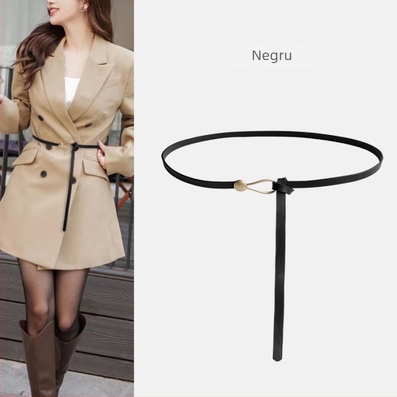 Curea subțire din piele PU, cu nod decorativ, 110 cm lungime, lățime sub 2 cm, cataramă din aliaj