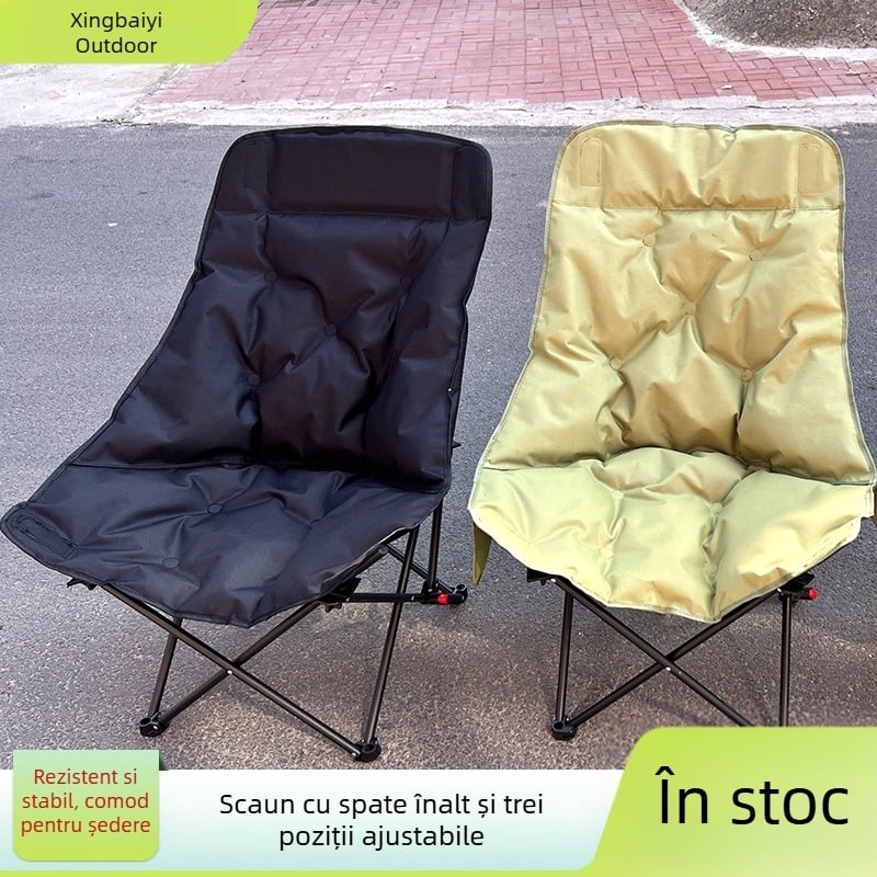 Scaun Moon pliat cu pernă în trei niveluri, spate înalt, din Oxford, pentru camping și picnic