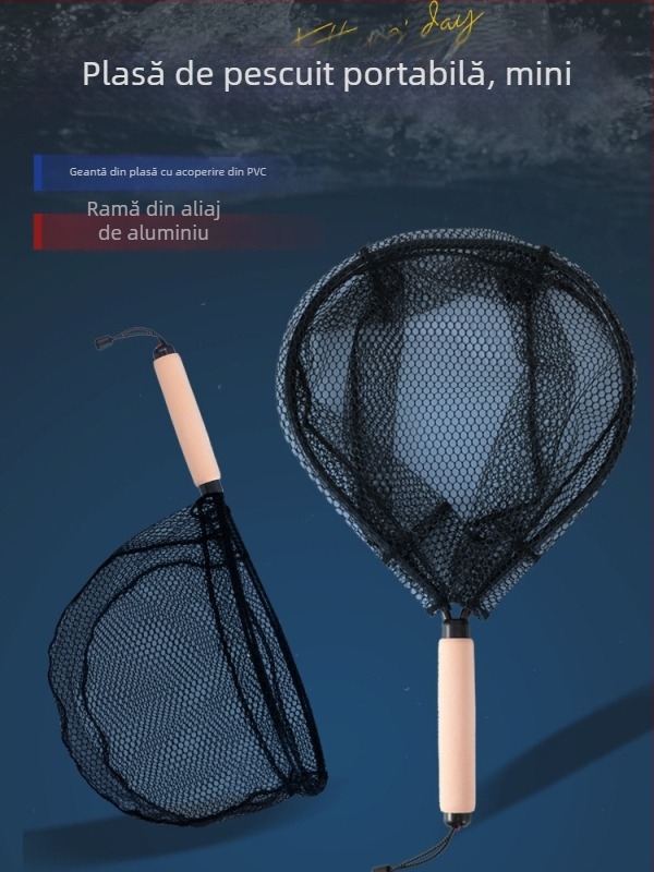 Plasă de mână pentru pescuit în cursuri de apă — aliaj de carbon ultraușor, diametrul deschiderii 35 cm, adâncimea plasei 30 cm, ochiuri subțiri, încărcare foarte rezistentă