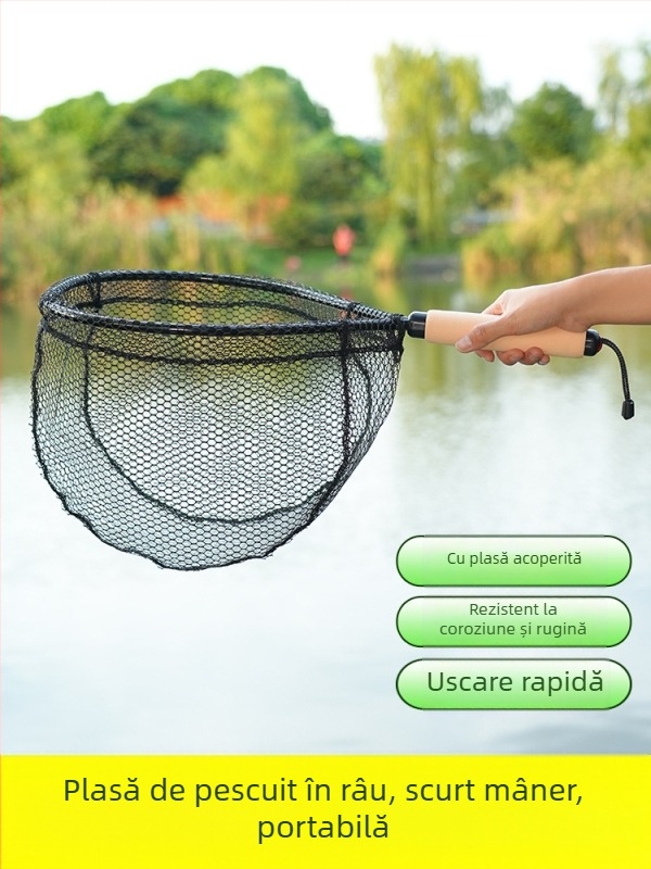 Plasă de mână pentru pescuit în cursuri de apă — aliaj de carbon ultraușor, diametrul deschiderii 35 cm, adâncimea plasei 30 cm, ochiuri subțiri, încărcare foarte rezistentă