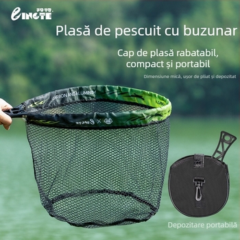 Set pliabil de plasă de pescuit cu mâner – inel metalic, plasă cu ochiuri groase, diametrul 34 cm, adâncimea 28 cm.