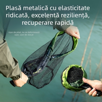 Set pliabil de plasă de pescuit cu mâner – inel metalic, plasă cu ochiuri groase, diametrul 34 cm, adâncimea 28 cm.