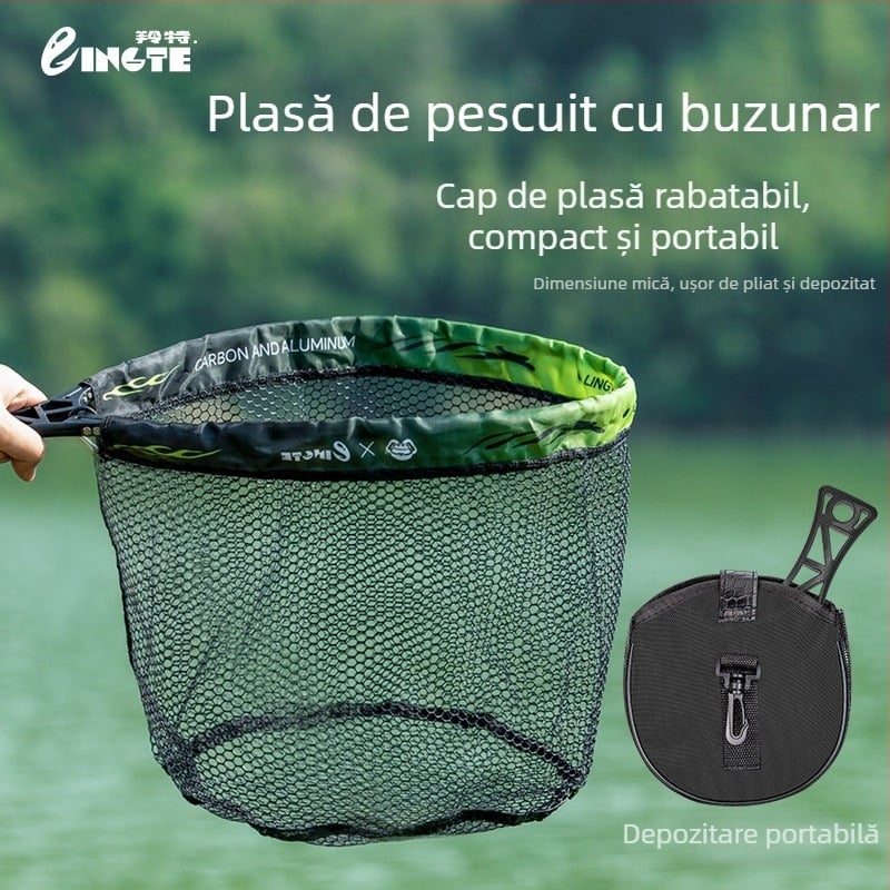 Set pliabil de plasă de pescuit cu mâner – inel metalic, plasă cu ochiuri groase, diametrul 34 cm, adâncimea 28 cm.