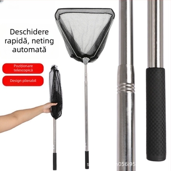 Set de țeavă pentru plasă de pescuit din oțel inoxidabil și cap de plasă, țeavă telescopică pliabilă cu cap triunghiular, Ø40 mm, adâncime 35, plasă cu ochi fini