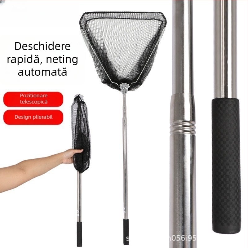 Set de țeavă pentru plasă de pescuit din oțel inoxidabil și cap de plasă, țeavă telescopică pliabilă cu cap triunghiular, Ø40 mm, adâncime 35, plasă cu ochi fini