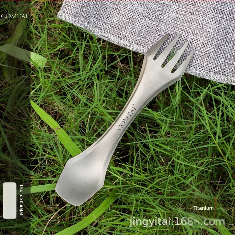 Tacâm 3 în 1 din oțel inoxidabil pentru camping — lingură, cuțit și furculiță, ușor, stil outdoor, personalizare disponibilă, ambalaj într-un singur pachet