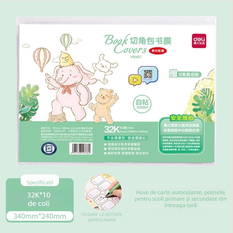 Huse pentru manuale Deli, din hârtie kraft, transparente, set complet pentru clasa I, protecții groase, mate