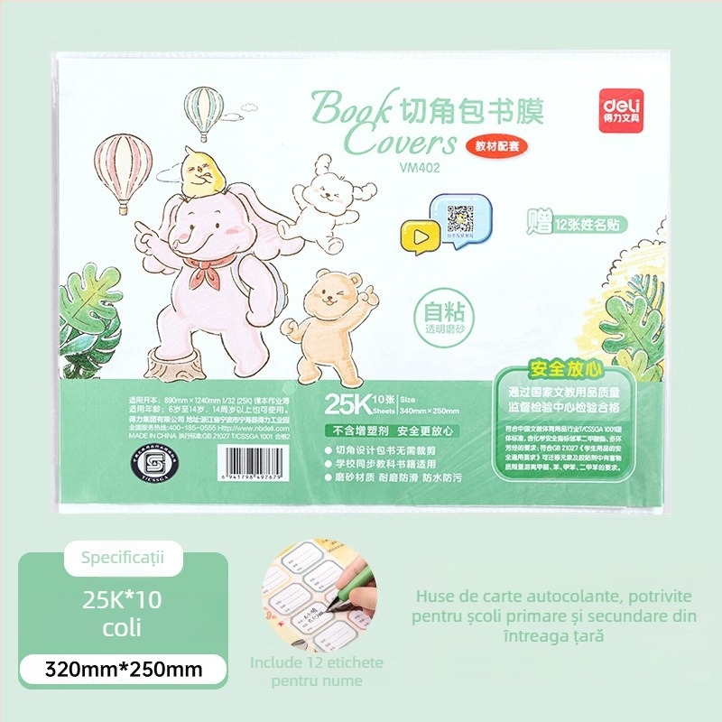 Huse pentru manuale Deli, din hârtie kraft, transparente, set complet pentru clasa I, protecții groase, mate