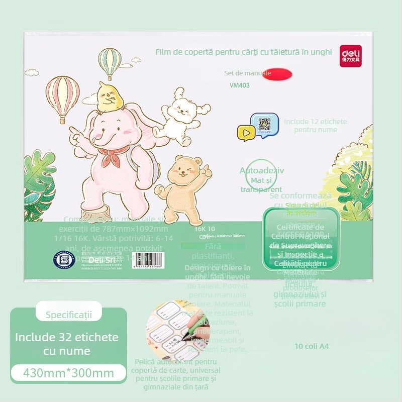 Huse pentru manuale Deli, din hârtie kraft, transparente, set complet pentru clasa I, protecții groase, mate