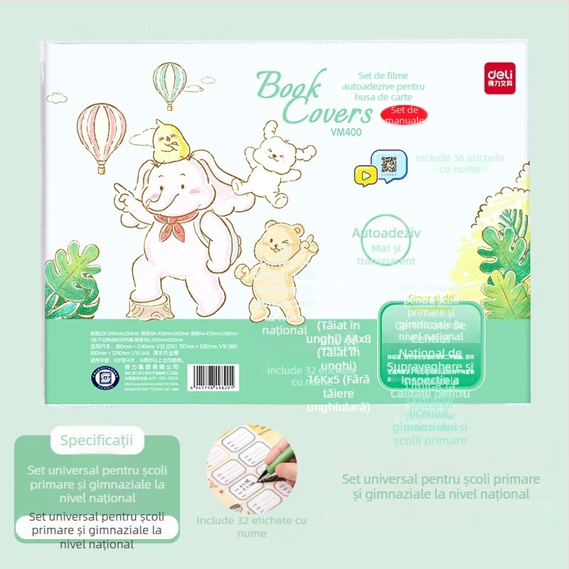 Huse pentru manuale Deli, din hârtie kraft, transparente, set complet pentru clasa I, protecții groase, mate