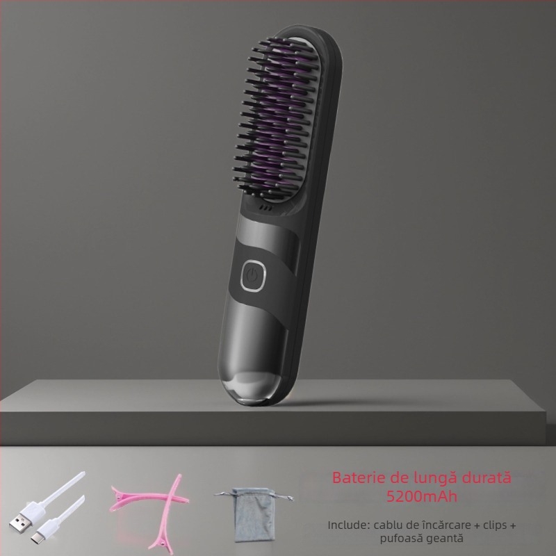 Pieptene fără fir pentru îndreptare și ondulare a părului, turmalin-keramică, utilizare dublă, 3 setări de temperatură, 30W, ecran LCD