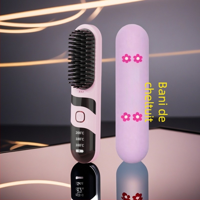 Pieptene fără fir pentru îndreptare și ondulare a părului, turmalin-keramică, utilizare dublă, 3 setări de temperatură, 30W, ecran LCD