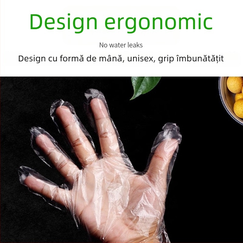 Mănuși de unică folosință PE, alimentare, pentru bucătărie, pachet de 100 bucăți, transparente, grosime 0.05-0.1 mm