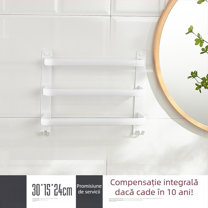 Raft de prosoape montat pe perete, fără găuri – aliaj de aluminiu, trei niveluri, sarcină 15 kg, finisaj emailat