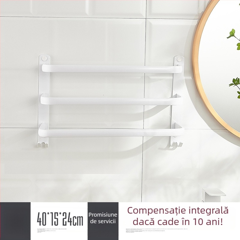 Raft de prosoape montat pe perete, fără găuri – aliaj de aluminiu, trei niveluri, sarcină 15 kg, finisaj emailat