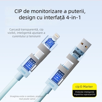 Spring Data Cable — Patru în unu conectori, interfețe Lightning, USB-A, Type-C, design retractabil din silicon, putere maximă 240W