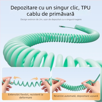 Spring Data Cable — Patru în unu conectori, interfețe Lightning, USB-A, Type-C, design retractabil din silicon, putere maximă 240W