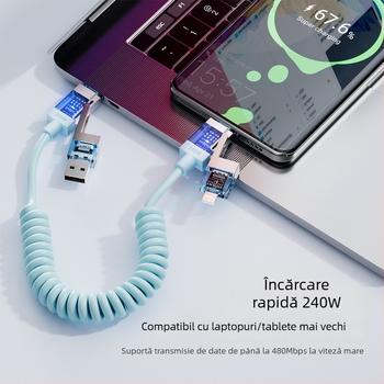 Spring Data Cable — Patru în unu conectori, interfețe Lightning, USB-A, Type-C, design retractabil din silicon, putere maximă 240W