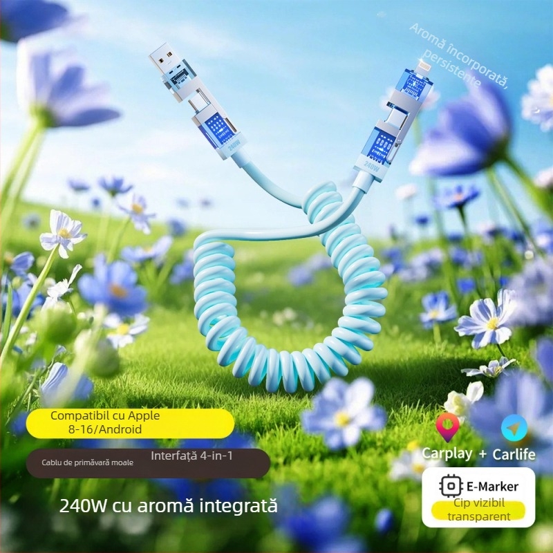 Spring Data Cable — Patru în unu conectori, interfețe Lightning, USB-A, Type-C, design retractabil din silicon, putere maximă 240W