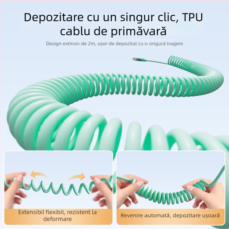 Spring Data Cable — Patru în unu conectori, interfețe Lightning, USB-A, Type-C, design retractabil din silicon, putere maximă 240W