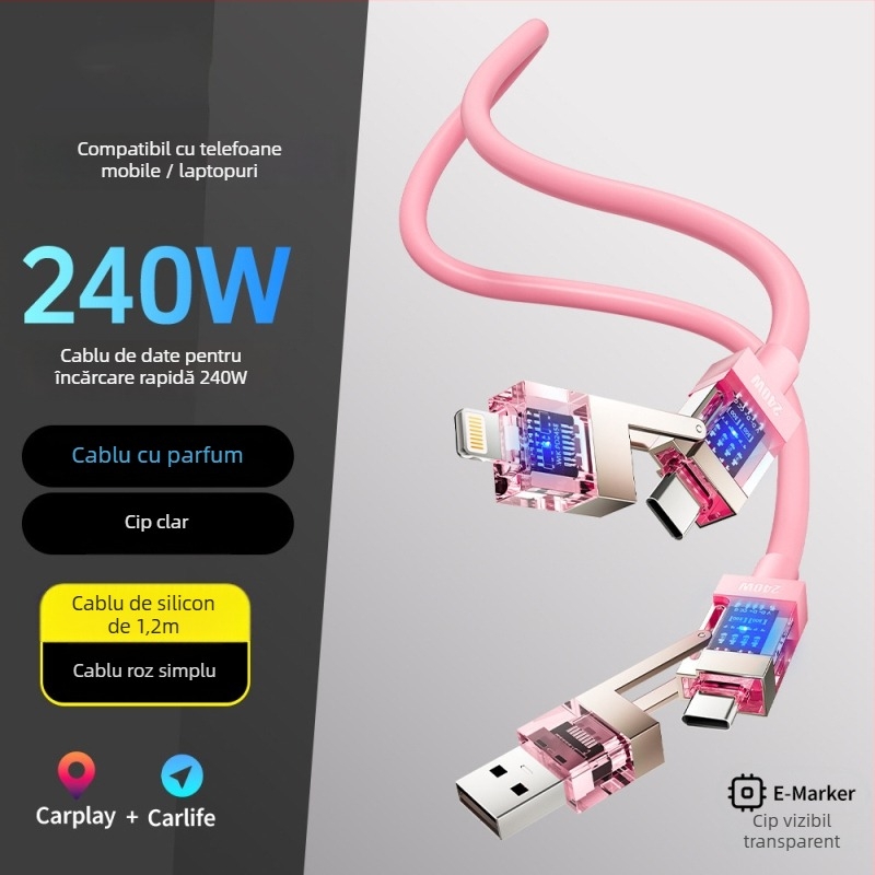 Spring Data Cable — Patru în unu conectori, interfețe Lightning, USB-A, Type-C, design retractabil din silicon, putere maximă 240W