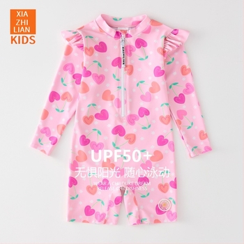 Costum de baie pentru fetițe, cu mâneci lungi și protecție solară – design Korean Heart, poliester 83% material, cod produs Hx-2520, pentru plajă, scufundări și surfing.