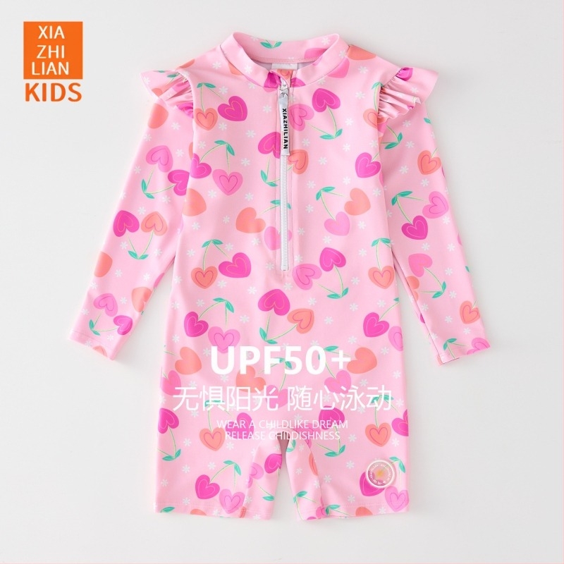 Costum de baie pentru fetițe, cu mâneci lungi și protecție solară – design Korean Heart, poliester 83% material, cod produs Hx-2520, pentru plajă, scufundări și surfing.