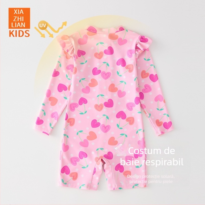 Costum de baie pentru fetițe, cu mâneci lungi și protecție solară – design Korean Heart, poliester 83% material, cod produs Hx-2520, pentru plajă, scufundări și surfing.