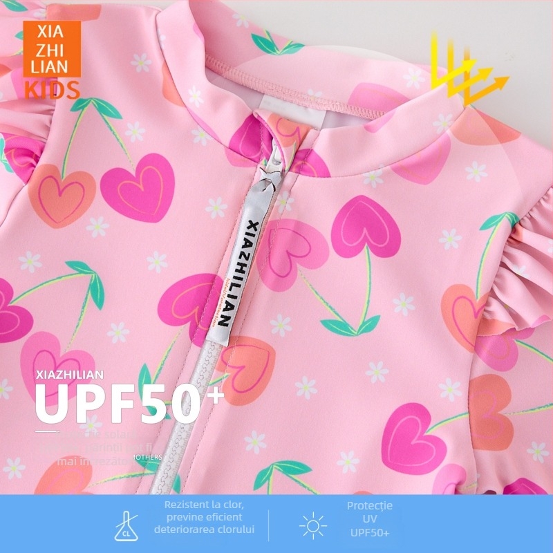 Costum de baie pentru fetițe, cu mâneci lungi și protecție solară – design Korean Heart, poliester 83% material, cod produs Hx-2520, pentru plajă, scufundări și surfing.