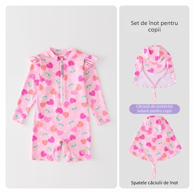 Costum de baie pentru fetițe, cu mâneci lungi și protecție solară – design Korean Heart, poliester 83% material, cod produs Hx-2520, pentru plajă, scufundări și surfing.