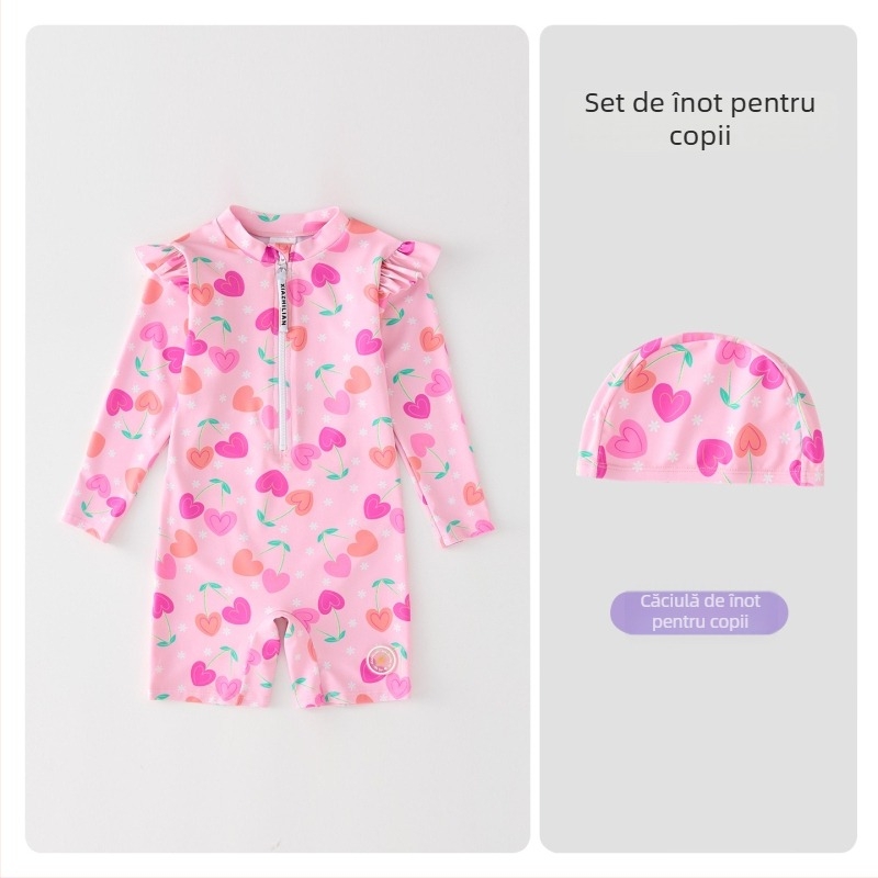 Costum de baie pentru fetițe, cu mâneci lungi și protecție solară – design Korean Heart, poliester 83% material, cod produs Hx-2520, pentru plajă, scufundări și surfing.