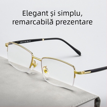 Ochelari de lectură, ramă semi-întinsă din aliaj ultra-ușor, lentile AC, protecție împotriva luminii albastre și rezistență la radiații.