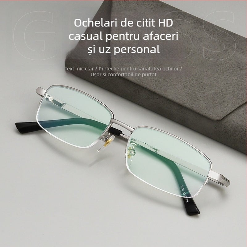 Ochelari de lectură, ramă semi-întinsă din aliaj ultra-ușor, lentile AC, protecție împotriva luminii albastre și rezistență la radiații.
