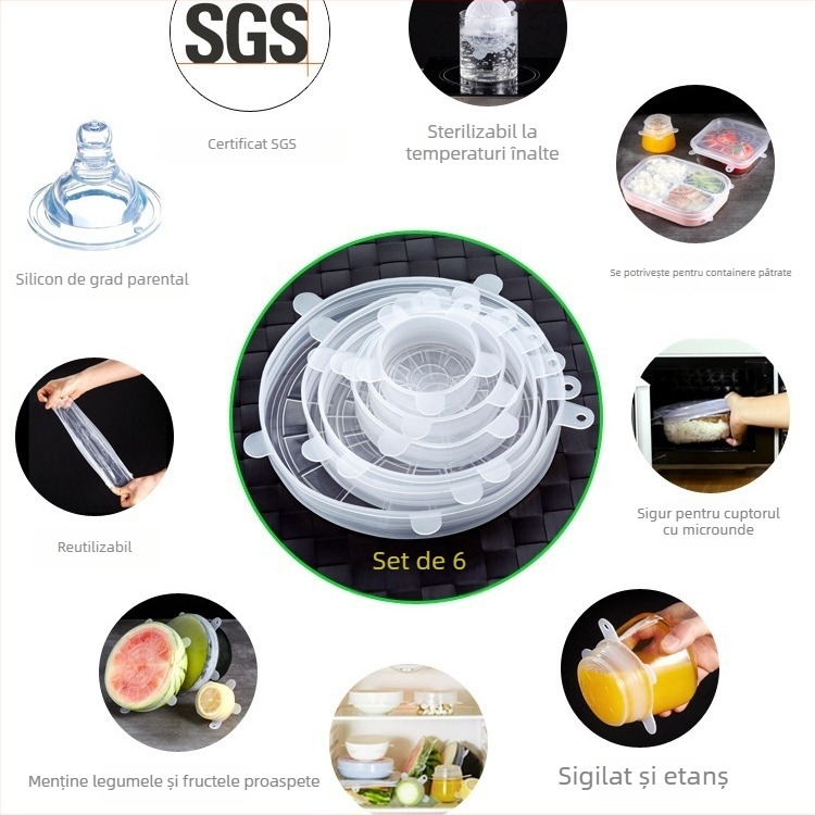 Set de 6 capace pentru frigider și boluri – plastic – design modern simplu – capace universale multifuncționale