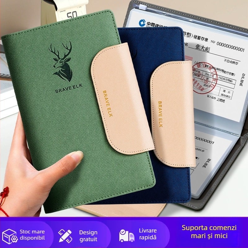 Real Week clip din piele pentru documente, cu design multipagin și motiv cap de cerb, logo personalizabil