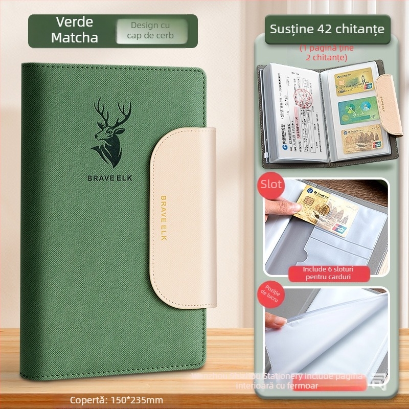 Real Week clip din piele pentru documente, cu design multipagin și motiv cap de cerb, logo personalizabil