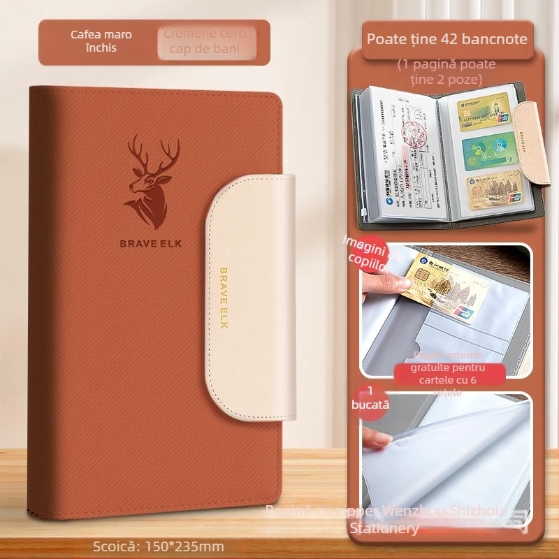 Real Week clip din piele pentru documente, cu design multipagin și motiv cap de cerb, logo personalizabil