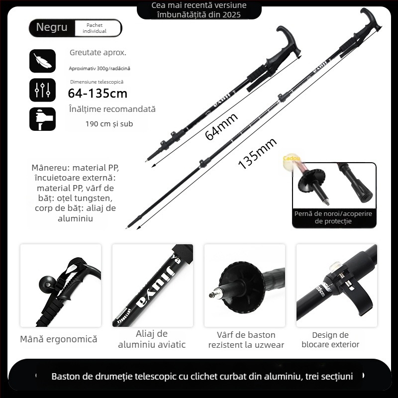 Bețe de drumeție din aliaj de aluminiu, telescopice, cu închidere externă, 400 g, vârf din oțel wolfram, mâner drept