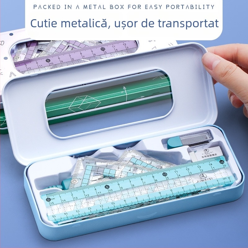 Set de rigle cu compas pentru desen și riglă triunghiulară – plastic, model MS-179F, greutate netă 140