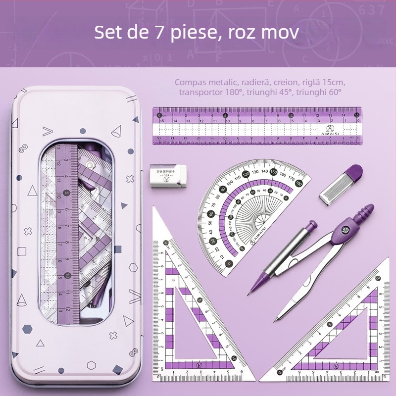 Set de rigle cu compas pentru desen și riglă triunghiulară – plastic, model MS-179F, greutate netă 140