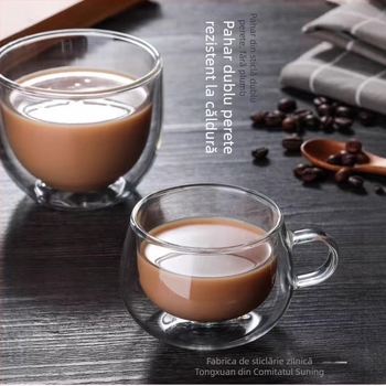 Ceașcă de cafea cu sticlă borosiliat dublu strat, cu mâner, stil modern minimalist, potrivită pentru cafenele